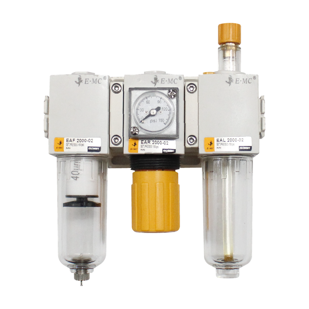 Combinación Filtro Regulador y Lubricador 1/8" BSP EAC2000-01F35M FRL, manómetro cuadrado, 145 PSI, 5um, purga manual