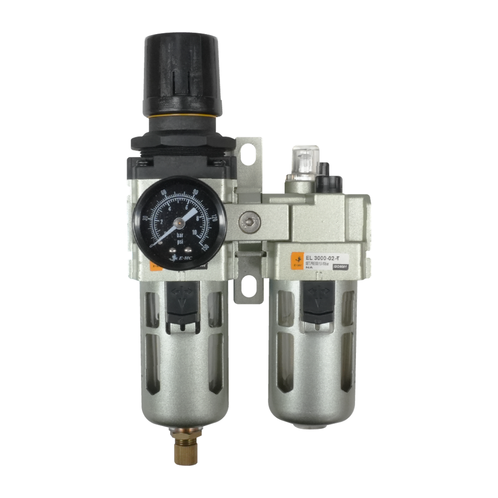 Combinación Filtro Regulador y Lubricador EC3010-035-T FR.L, 3/8" NPT, manómetro redondo, Bar/Psi purga manual, 25um