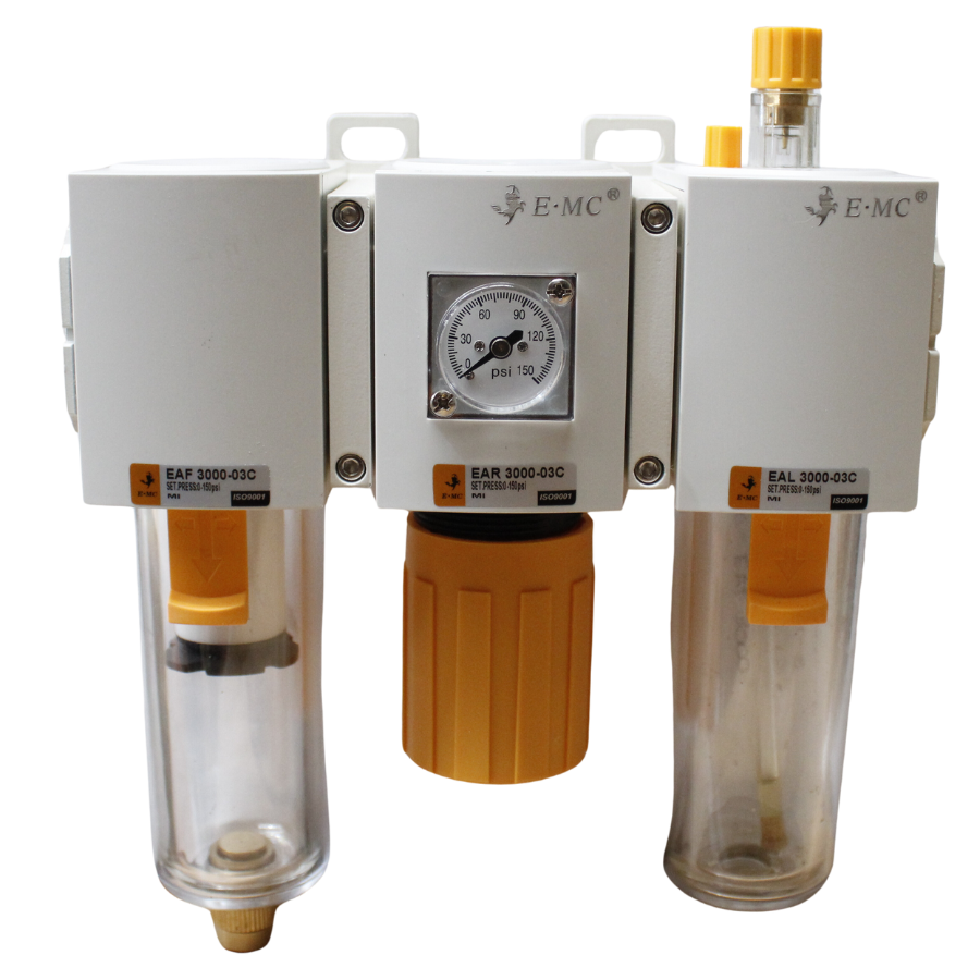 Combinación Filtro Regulador y Lubricador FR.L, manómetro cuadrado, grado de fitración 40 micras, Tamaño 2, vasos policarbonato, 145 PSI, purga manual, puertos 1/4" BSP