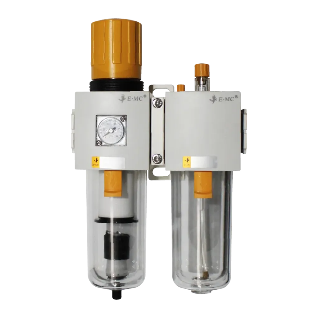 Combinación Filtro Regulador y Lubricador FR.L, manómetro cuadrado, grado de fitración 40 micras, Tamaño 4, vasos policarbonato, 145 PSI, purga automática, puertos 1/2" BSP