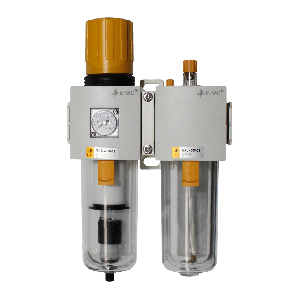 [EAC4010-06DF3] Combinación Filtro Regulador y Lubricador FR.L, manómetro cuadrado, grado de fitración 40 micras, Tamaño 4, vasos policarbonato, 145 PSI, purga automática, puertos 3/4" BSP