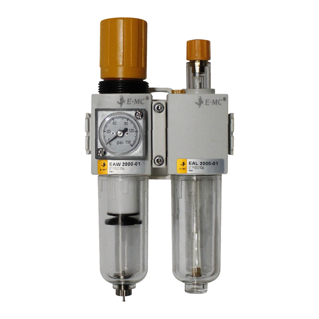 Combinación Filtro Regulador y Lubricador FR.L, manómetro cuadrado, grado de fitración 40 micras, Tamaño 2, vasos policarbonato, 145 PSI, purga manual, puertos 1/8" NPT