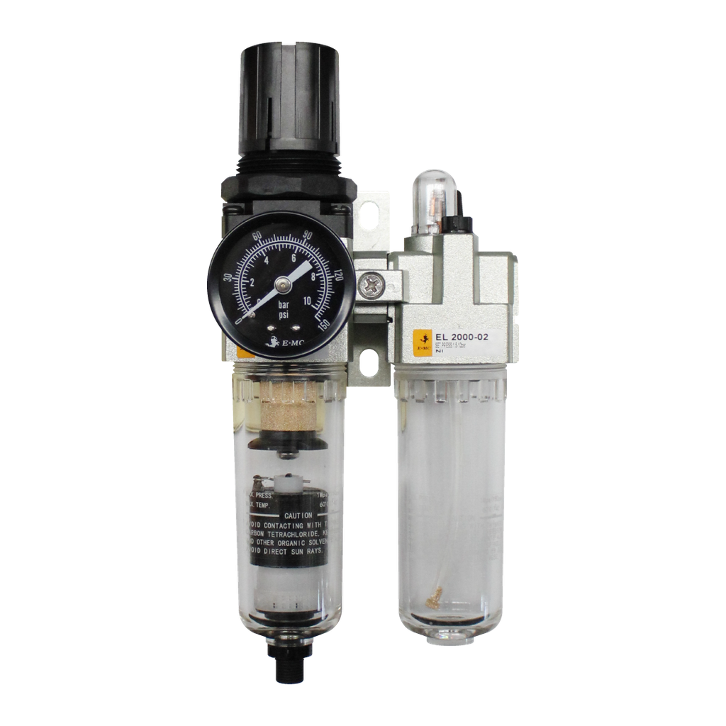 [EC2010-02D5-T] Combinación Filtro Regulador y Lubricador FRL, manómetro redondo, grado de fitración 25 micras, Tamaño 2, vasos metálicos, 145 PSI, purga autómatica, puertos 1/4" NPT