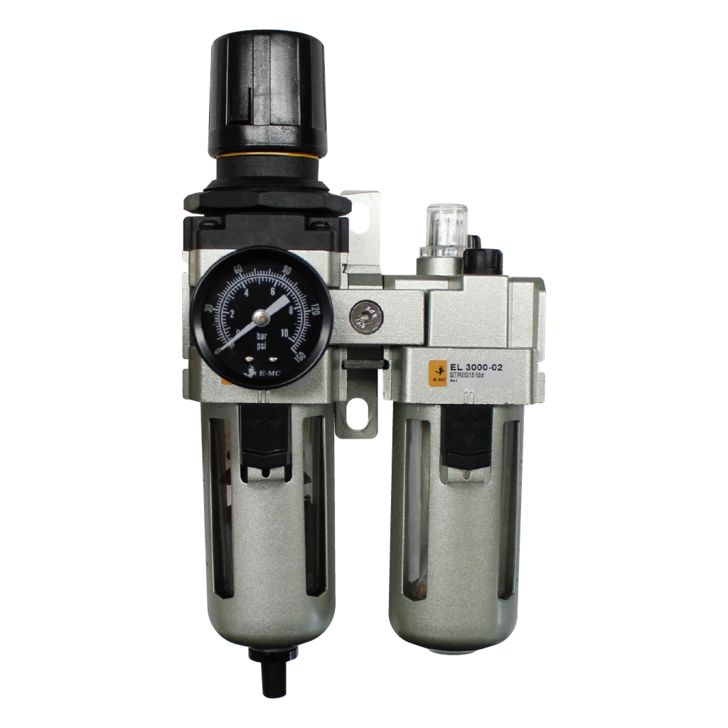 [EC3010-02D5-T] Combinación Filtro Regulador y Lubricador FRL, manómetro redondo, grado de fitración 25 micras, Tamaño 3, vasos metálicos, 145 PSI, purga autómatica, puertos 1/4" NPT
