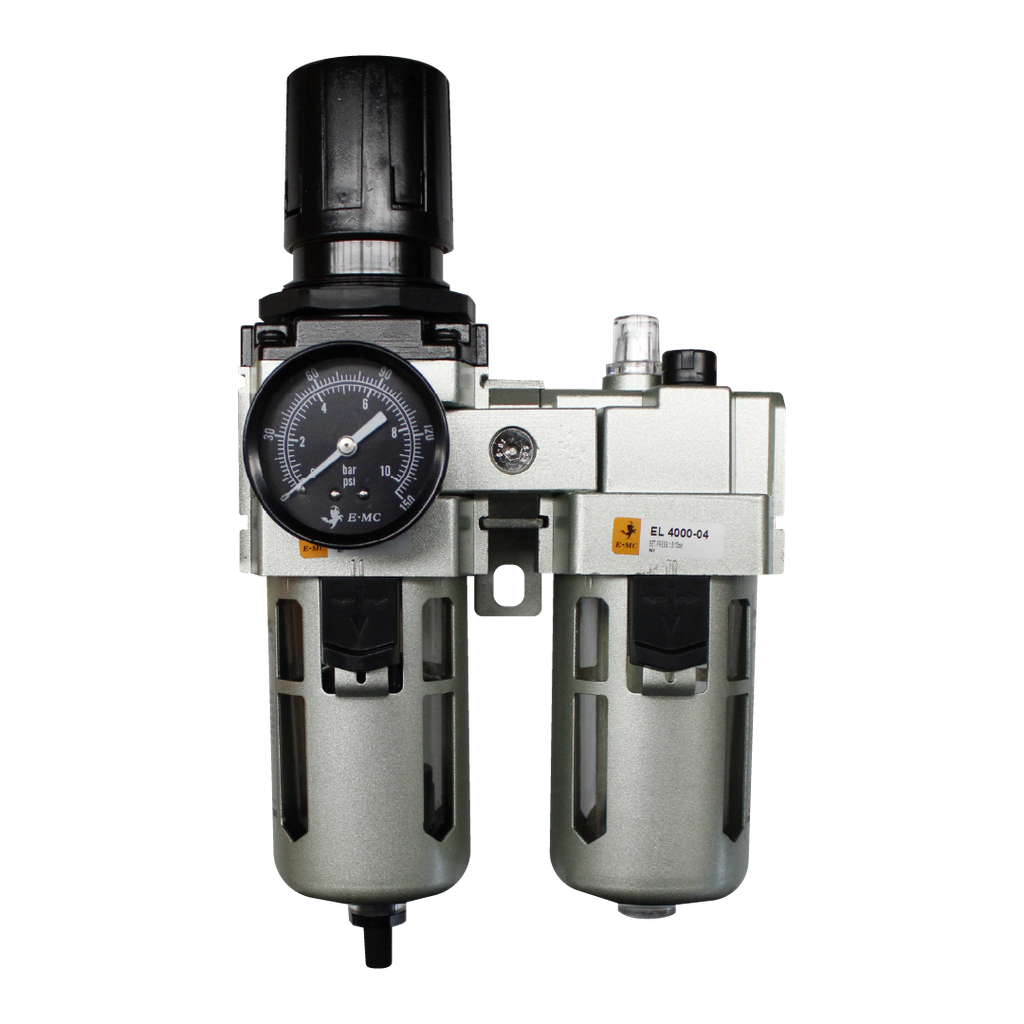 [EC4010-04D5-T] Combinación Filtro Regulador y Lubricador FRL, manómetro redondo, grado de fitración 25 micras, Tamaño 4, vasos metálicos, 145 PSI, purga autómatica, puertos 1/2" NPT