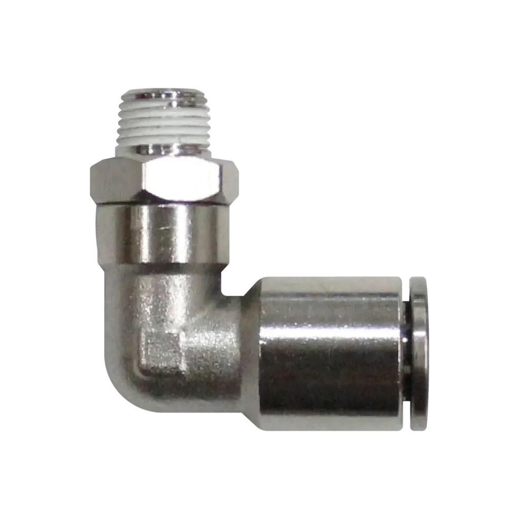 Racor rápido codo metálico, latón niquelado, manguera 6mm rosca 3/8'' PT