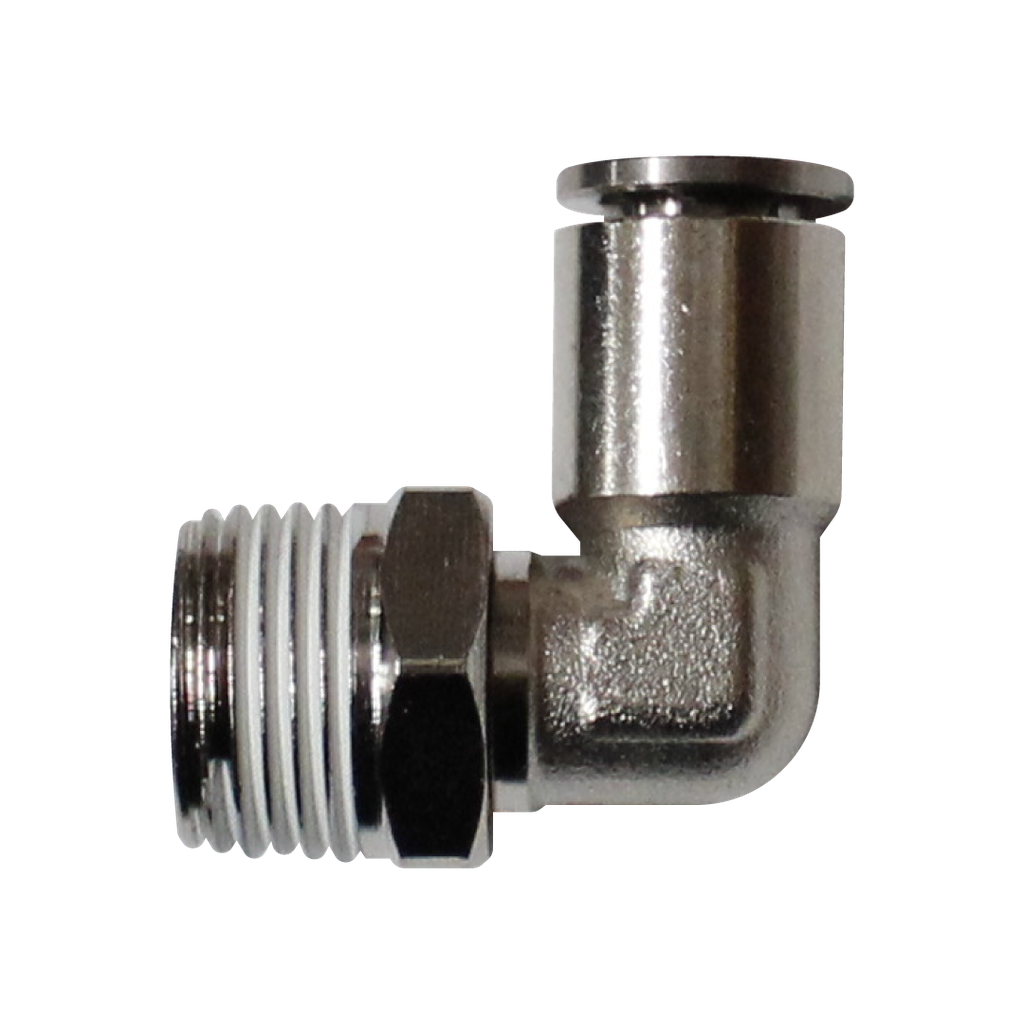 Racor rápido codo metálico, latón niquelado, manguera 8mm rosca 1/2'' PT