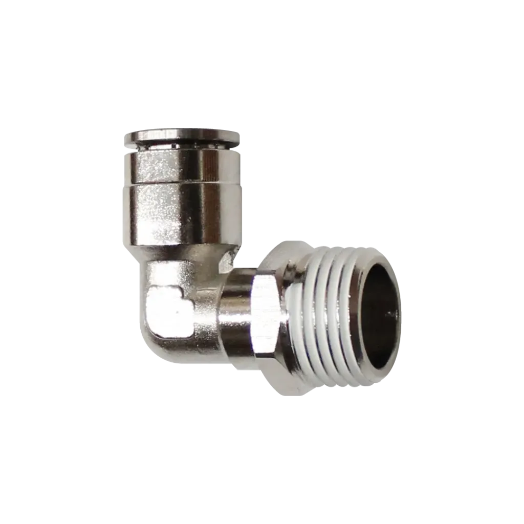 Racor rápido codo metálico, latón niquelado, manguera 12mm rosca 1/2'' PT