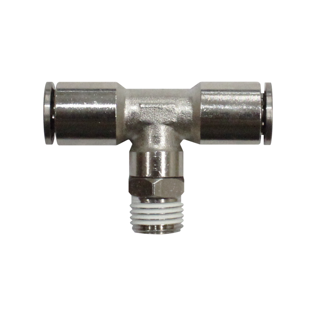 Racor rápido Tee metálico, latón niquelado, manguera 10mm rosca 3/8'' PT