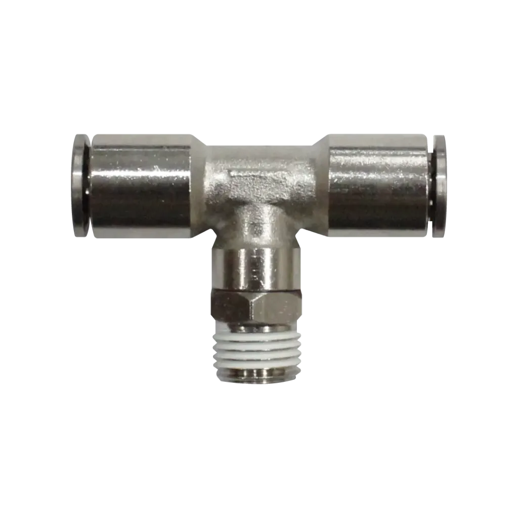 Racor rápido Tee metálico, latón niquelado, manguera 12mm rosca 1/4'' PT