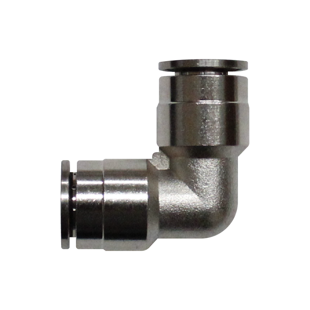 Racor rápido codo metálico, latón niquelado, unión manguera-manguera 12mm