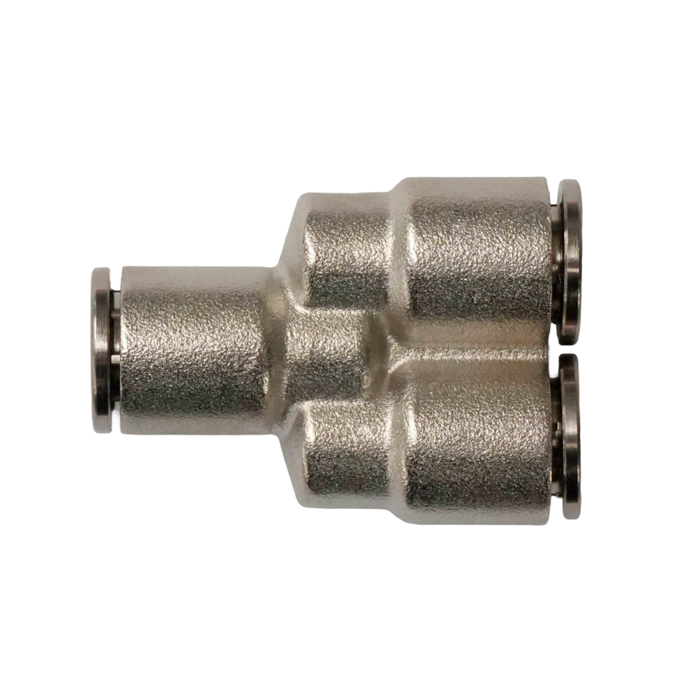 Racor rápido "Y" metálico, latón niquelado, unión manguera-manguera 14mm