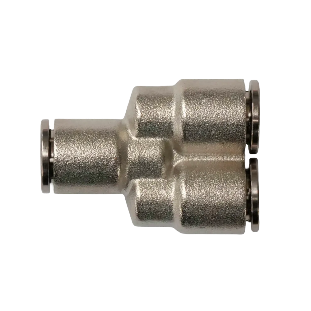Racor rápido "Y" metálico, latón niquelado, unión manguera-manguera 16mm