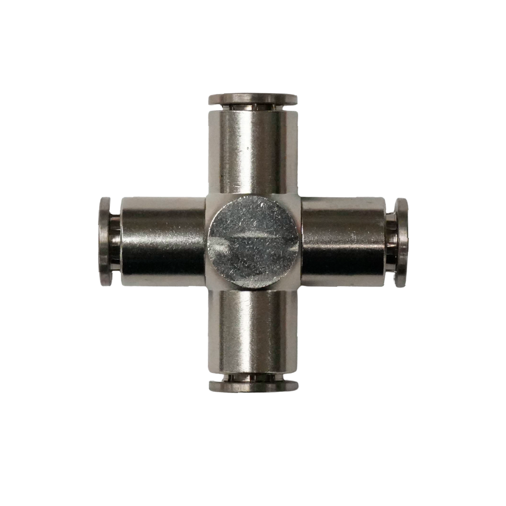 [EMZA06-A] Racor rápido "X" metálico, latón niquelado, unión manguera-manguera 6mm