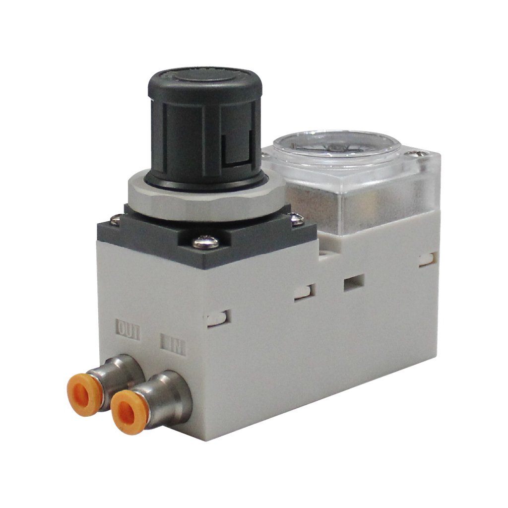 [ERM1000F-1-0404-J-1] Mini regulator de presión, posición de la maguera hacia abajo 04-04 mm, sin bracket medición Mpa 